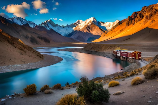 Un lac dans les montagnes avec un lac bleu et des montagnes en arrière-plan