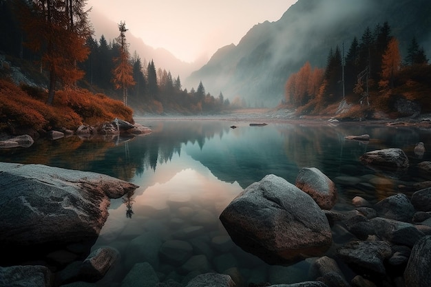 Un lac dans les montagnes avec une montagne en arrière-plan