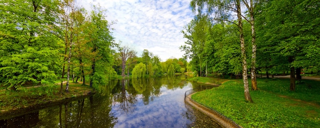 Lac dans le parc panorama avec des arbres verts et de l'eau bleue