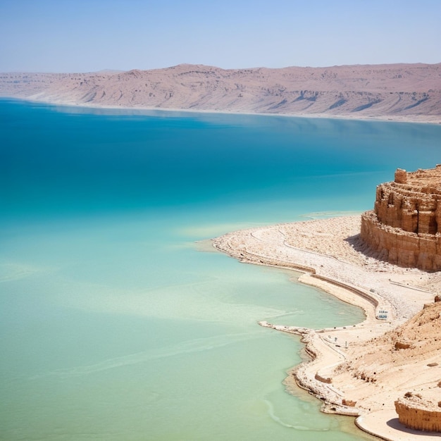 Un lac avec une eau bleue et une plage de sable au fond.