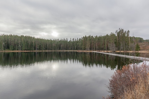 Lac, eau calme, reflet de la forêt dans l'eau, nuages