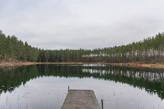 Lac, eau calme, reflet de la forêt dans l'eau, nuages