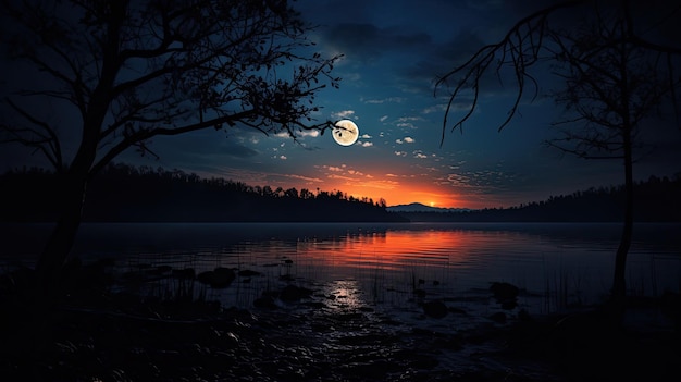 Lac éclairé par la lune la nuit