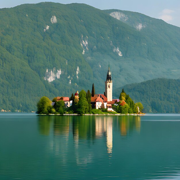 Photo un lac avec une église et une église au sommet