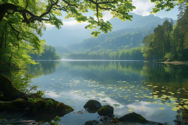 Un lac entouré d'arbres et de rochers avec de l'eau au milieu et quelques feuilles sur le sol