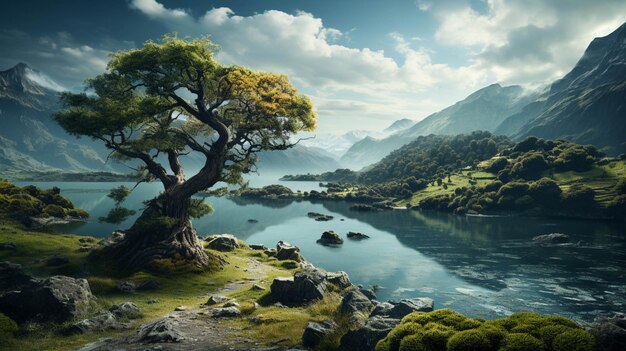 Photo un lac entouré de montagnes avec un arbre magnifique paysage