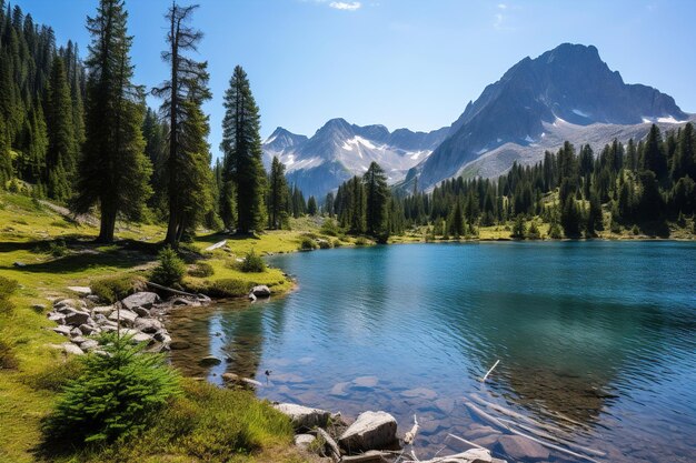 Lac entouré de montagnes et d'arbres Génératif Ai