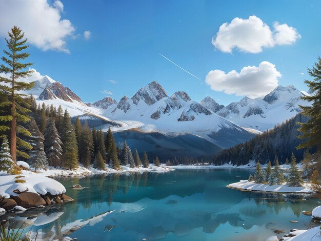un lac entouré de montagnes couvertes de neige