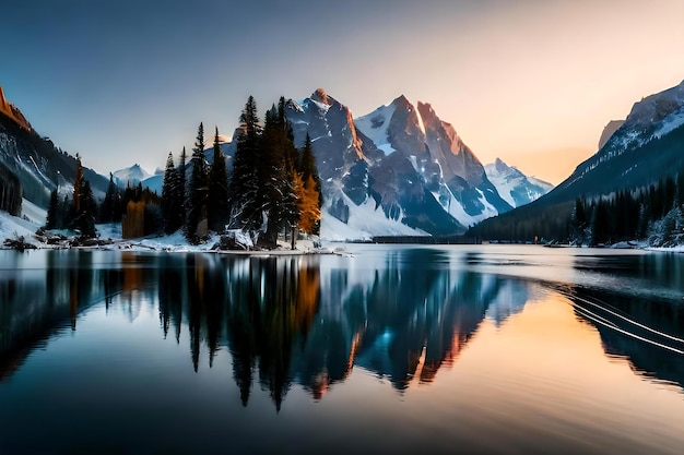 Un lac entouré de montagnes enneigées