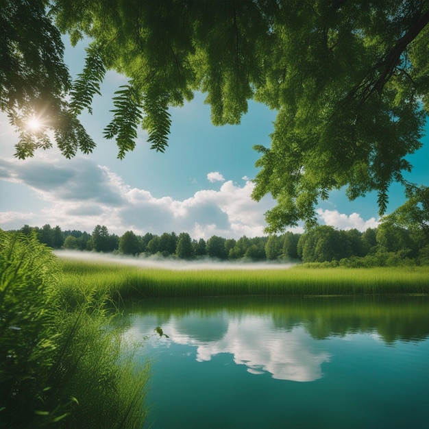 Lac d'été sur un paysage naturel verdoyant avec un beau fond de scène