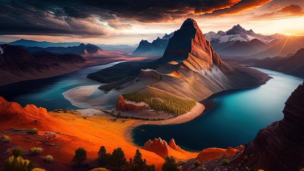 Lac fantastique dans les montagnes au coucher du soleil Paysage fantastique