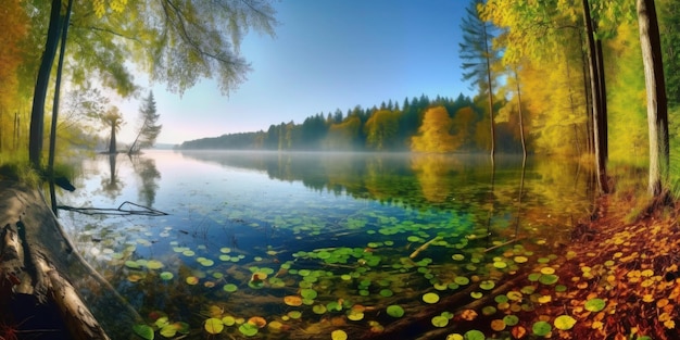 Un lac avec des feuilles et un lac en arrière-plan
