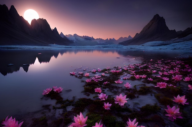 Un lac avec une fleur de lotus rose au premier plan