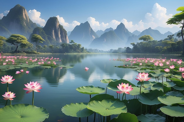 Un lac avec des fleurs de lotus au premier plan et des montagnes en arrière-plan