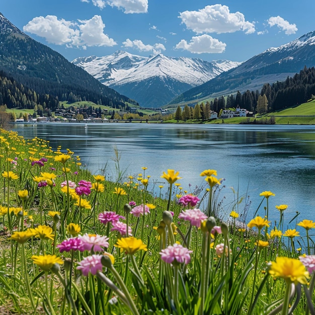 un lac avec des fleurs et des montagnes en arrière-plan