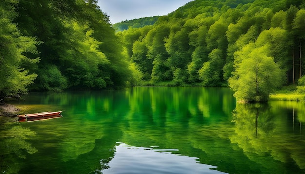 un lac forestier avec une forêt en arrière-plan