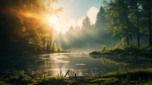 un lac de forêt avec un soleil qui brille à travers les arbres