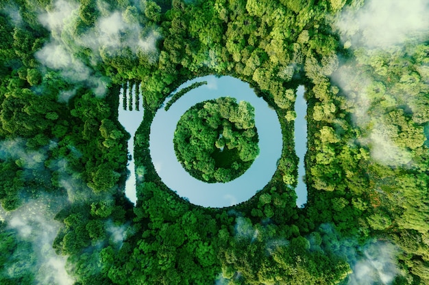 Un lac en forme d'assiette à couverts, au milieu d'une nature préservée. Une métaphore du véganisme, du végétarisme et de la tendance à manger sans viande. rendu 3D.