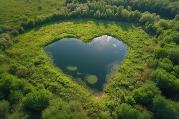 Lac en forme de coeur au milieu de la forêt