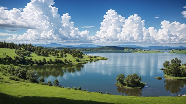 Lac Géant Clair Entouré de Collines et de Forêt