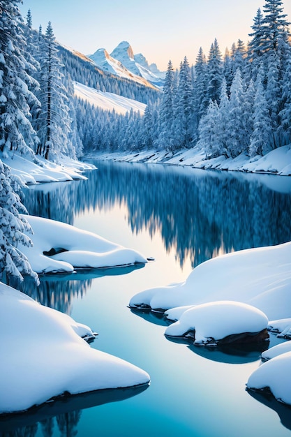 Lac gelé dans la forêt de neige