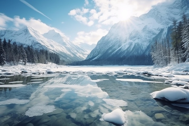 Un lac gelé dans les montagnes