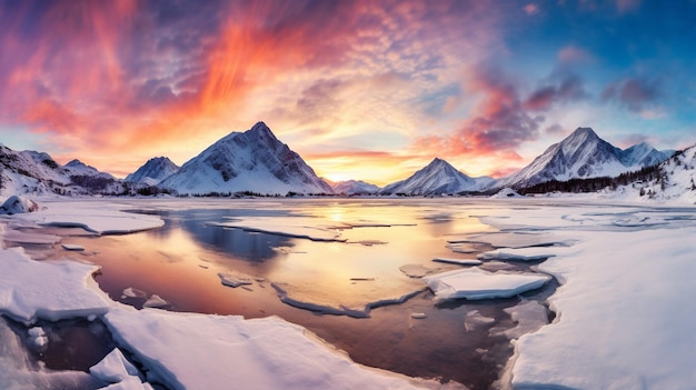 Un lac gelé entouré de montagnes couvertes de neige