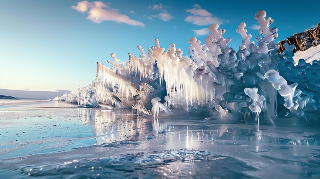 Photo un lac gelé avec d'étonnantes formations de glace le soleil brille et le ciel est bleu avec des nuages blancs minces