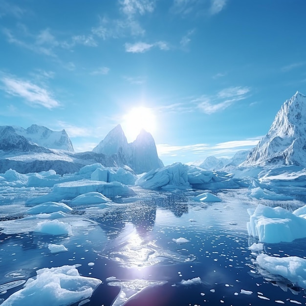 un lac gelé avec des icebergs et le soleil qui brille à travers l'eau.