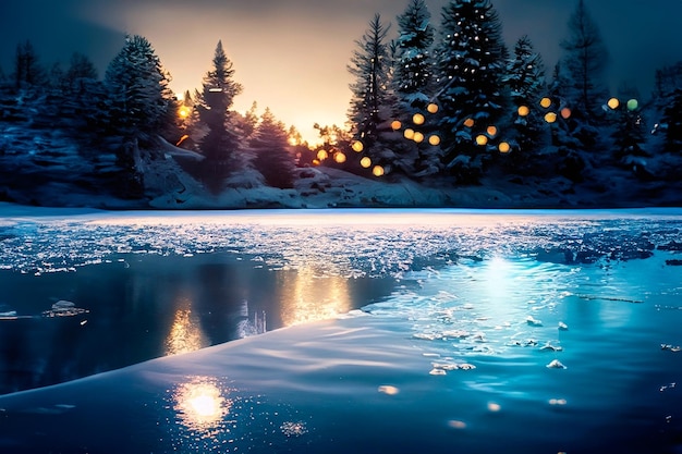 Un lac gelé avec des lumières de Noël brillant sur les arbres en arrière-plan dans un hiver de Noël