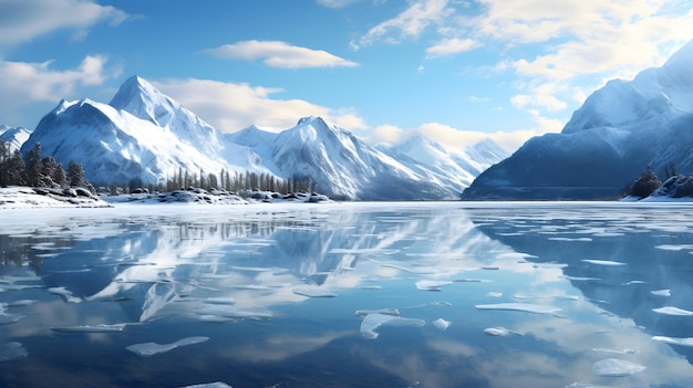 Un lac glacé reflétant des montagnes lointaines.