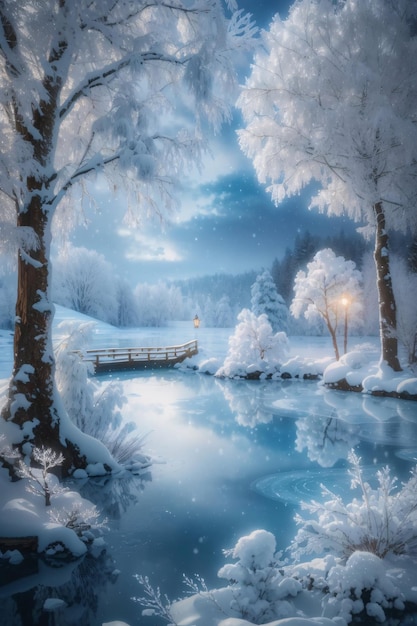 Lac d'hiver magique au centre d'une forêt d'arbres alpins recouvert de flocons de neige et de glace