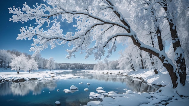 Lac d'hiver magique au centre d'une forêt d'arbres alpins recouvert de flocons de neige et de glace