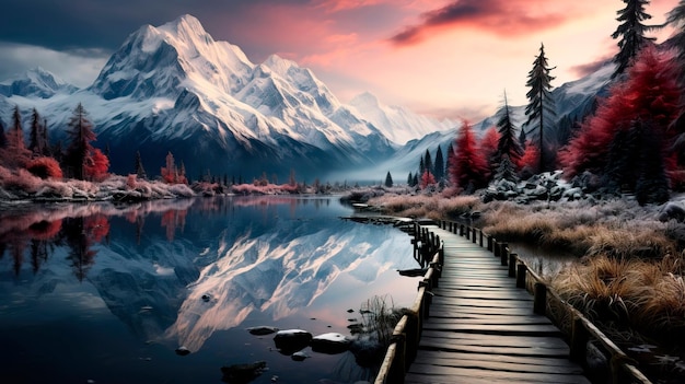 Photo un lac d'hiver paisible reflétant les montagnes enneigées avec un petit quai en bois s'étendant dans les eaux glacées