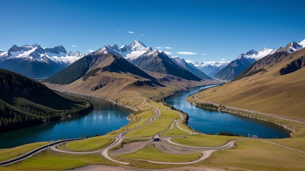 un lac avec un lac et des montagnes en arrière-plan