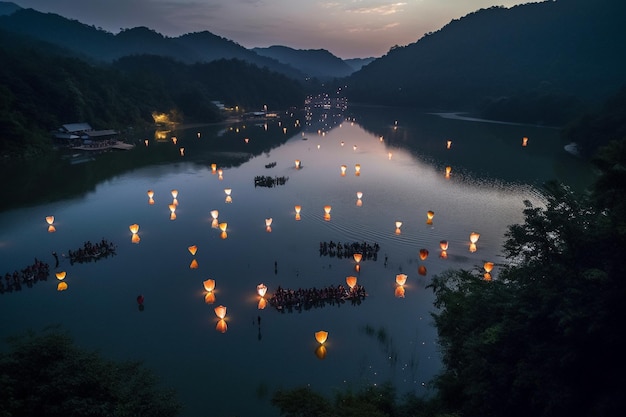 Un lac avec des lanternes flottant dans l'eau