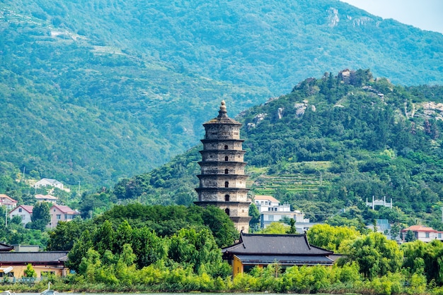 Lac Lianyungang Huaguoshan et pagode du temple