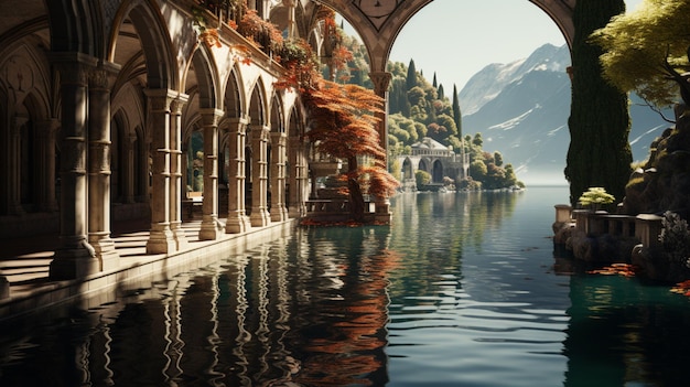 Un lac magnifique entouré de belles arches