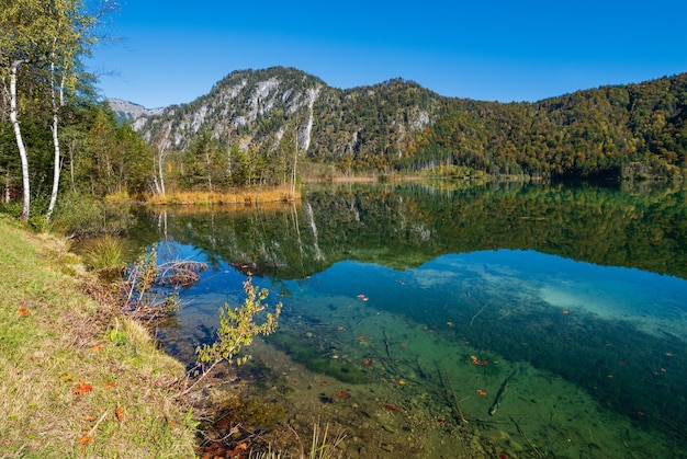 Lac de montagne des Alpes d'automne paisible avec de l'eau claire et transparente et des reflets du lac d'Almsee Haute-Autriche