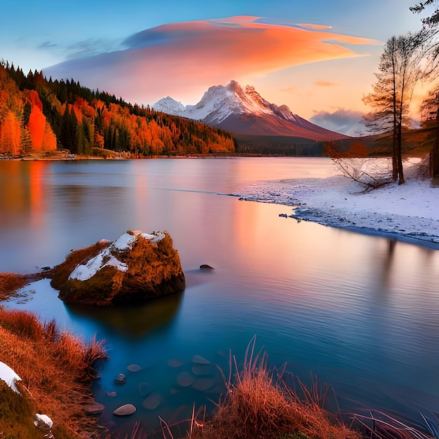 Un lac avec une montagne en arrière-plan et un ciel coloré