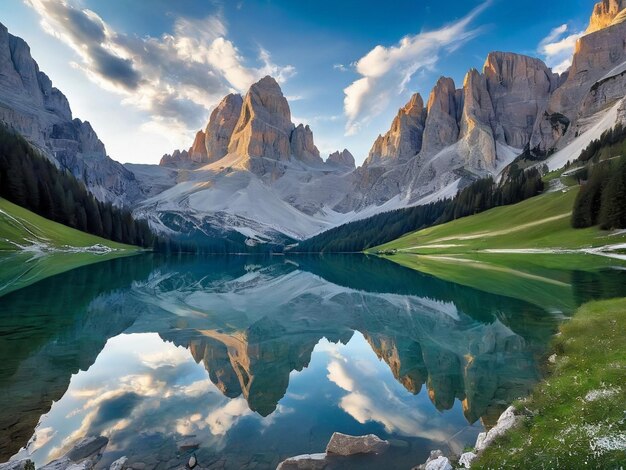 Photo un lac avec une montagne en arrière-plan merveilleux reflet du ciel beaux reflets