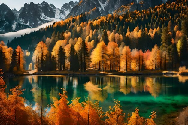 Photo un lac avec une montagne en arrière-plan et le reflet des arbres