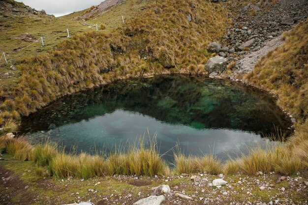 Photo un lac avec une montagne ausangate en arrière-plan siete lagunas peru trail