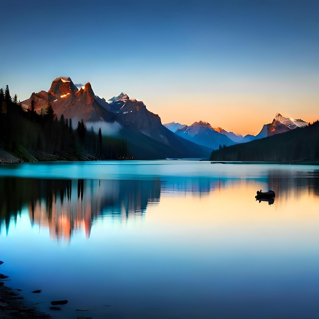 Un lac de montagne avec un bateau dans l'eau et une montagne en arrière-plan.