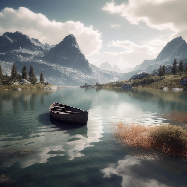 Lac de montagne et bateau