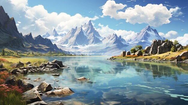 Un lac de montagne bleu avec un ciel bleu et des nuages aquarelle