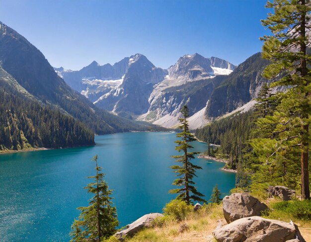 Lac de montagne et ciel bleu éclatant