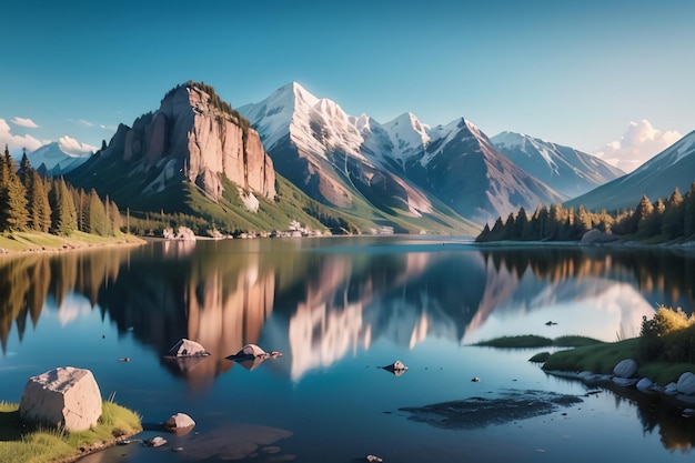 Un lac de montagne avec un ciel bleu et une montagne en arrière-plan