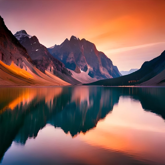 Un lac de montagne avec un ciel coloré et un coucher de soleil en arrière-plan.