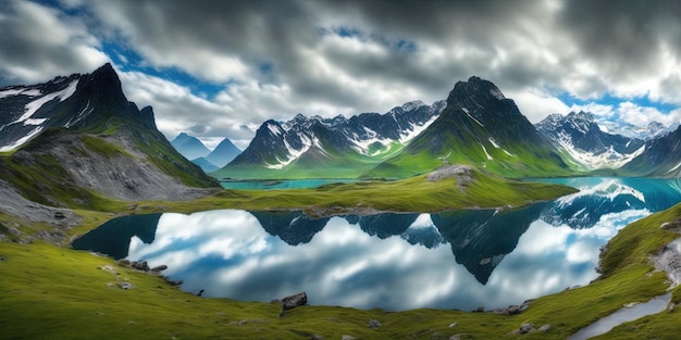 Un lac de montagne avec un ciel nuageux et des nuages